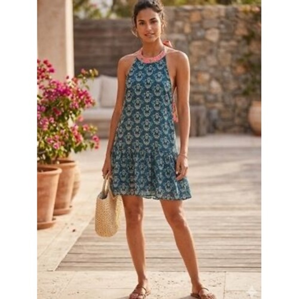 Natural Life Teal Floral Halter Neck Tiered Mini Dress Blue Green Coral Medium